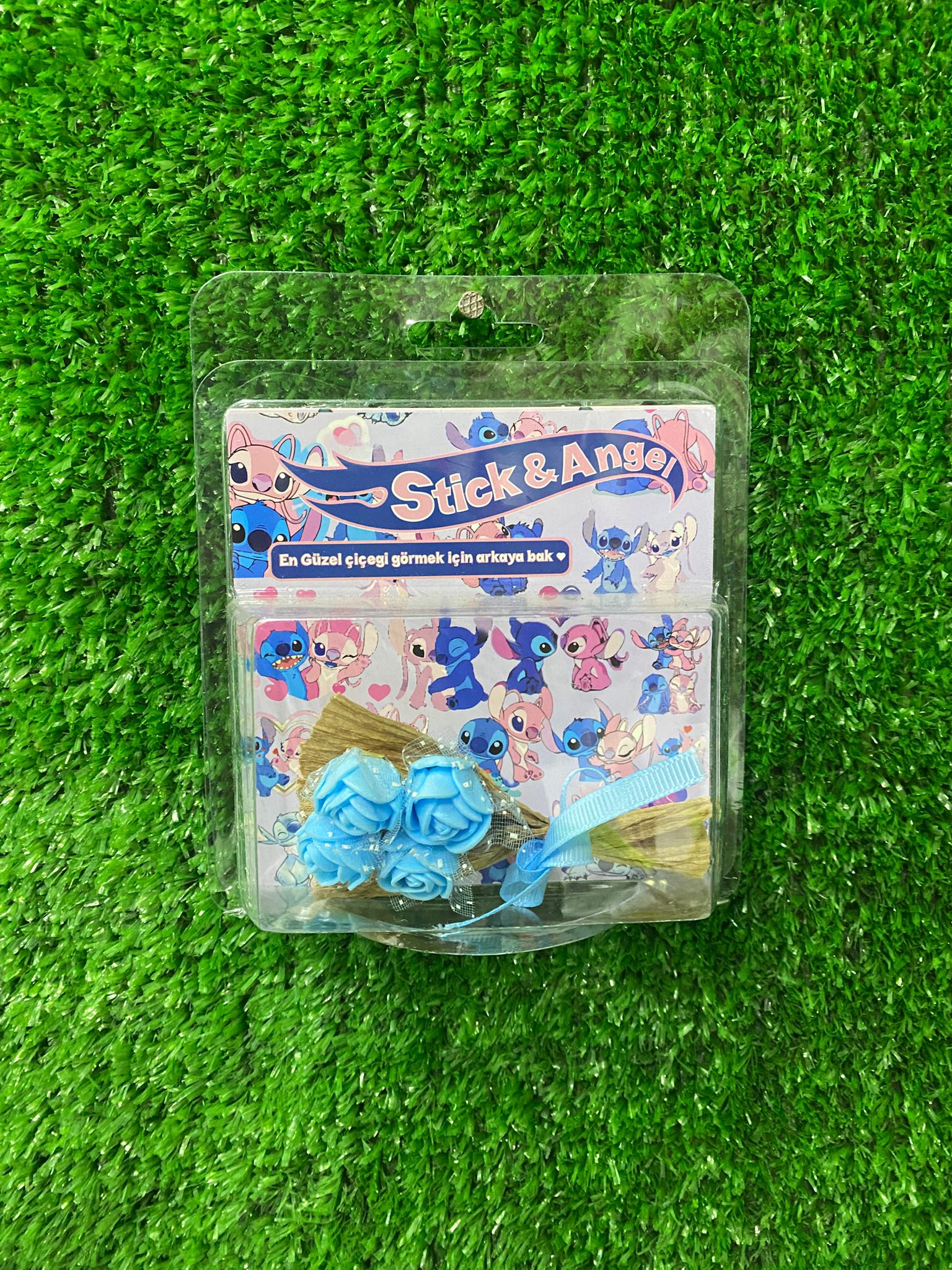 Aynalı Hot Flowers Mini Gül Buketi – Mavi (Stitch Temalı)